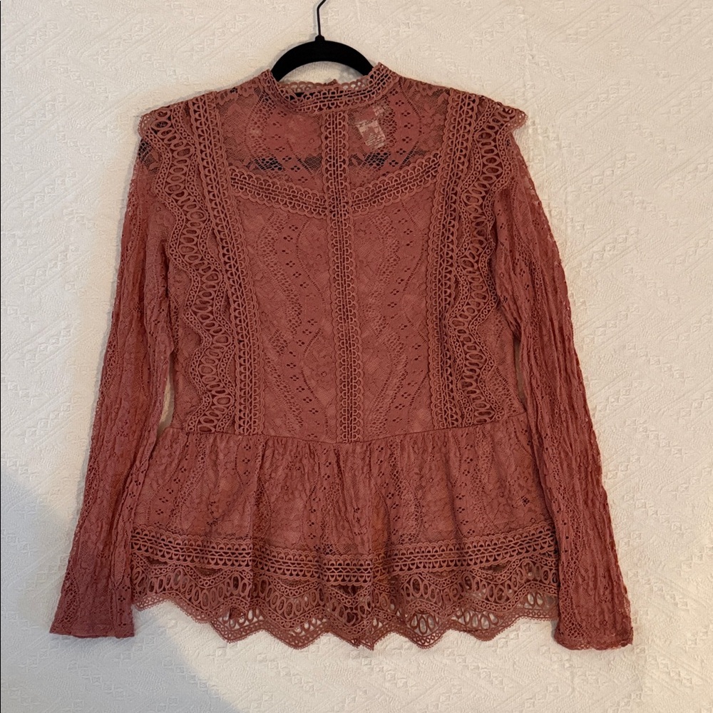 Elegant Lace Long Sleeve Top - Rust